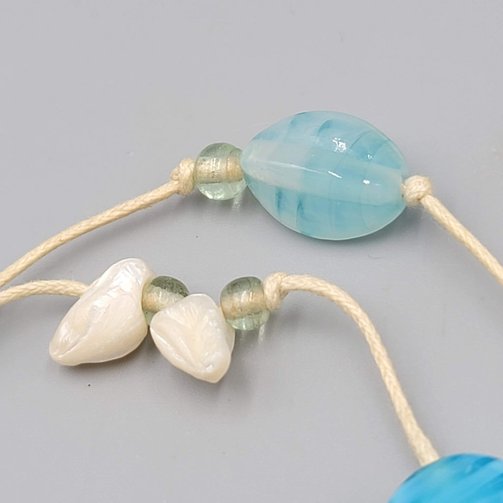 Vintage Blue Glass Bead Necklace Beach Theme Nautical Seashell Accents Long 44"
