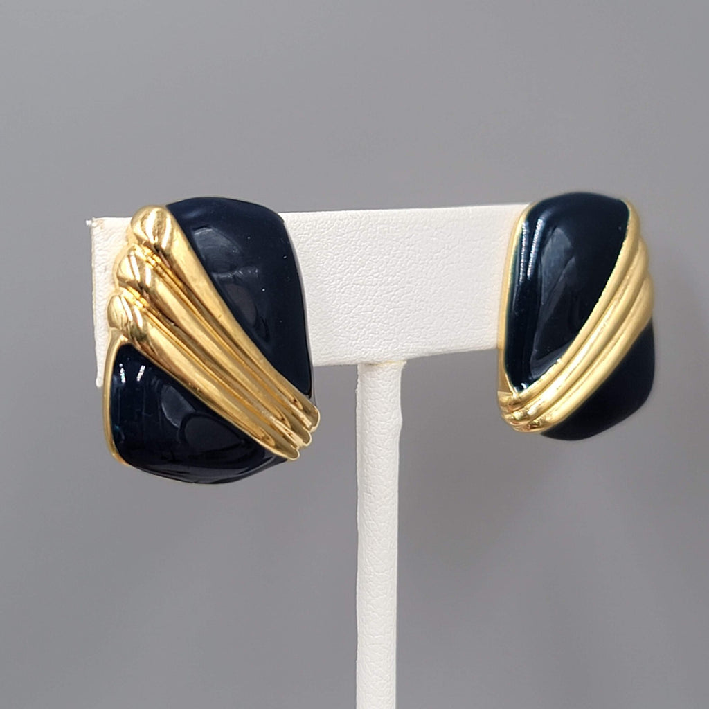 Vintage Monet Clip on Earrings Navy Blue Enamel Drop 7/8"