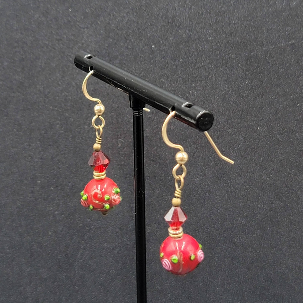 Gold Filled Pierced Earrings Red Glass Wedding Cake Bead Flowers 1"