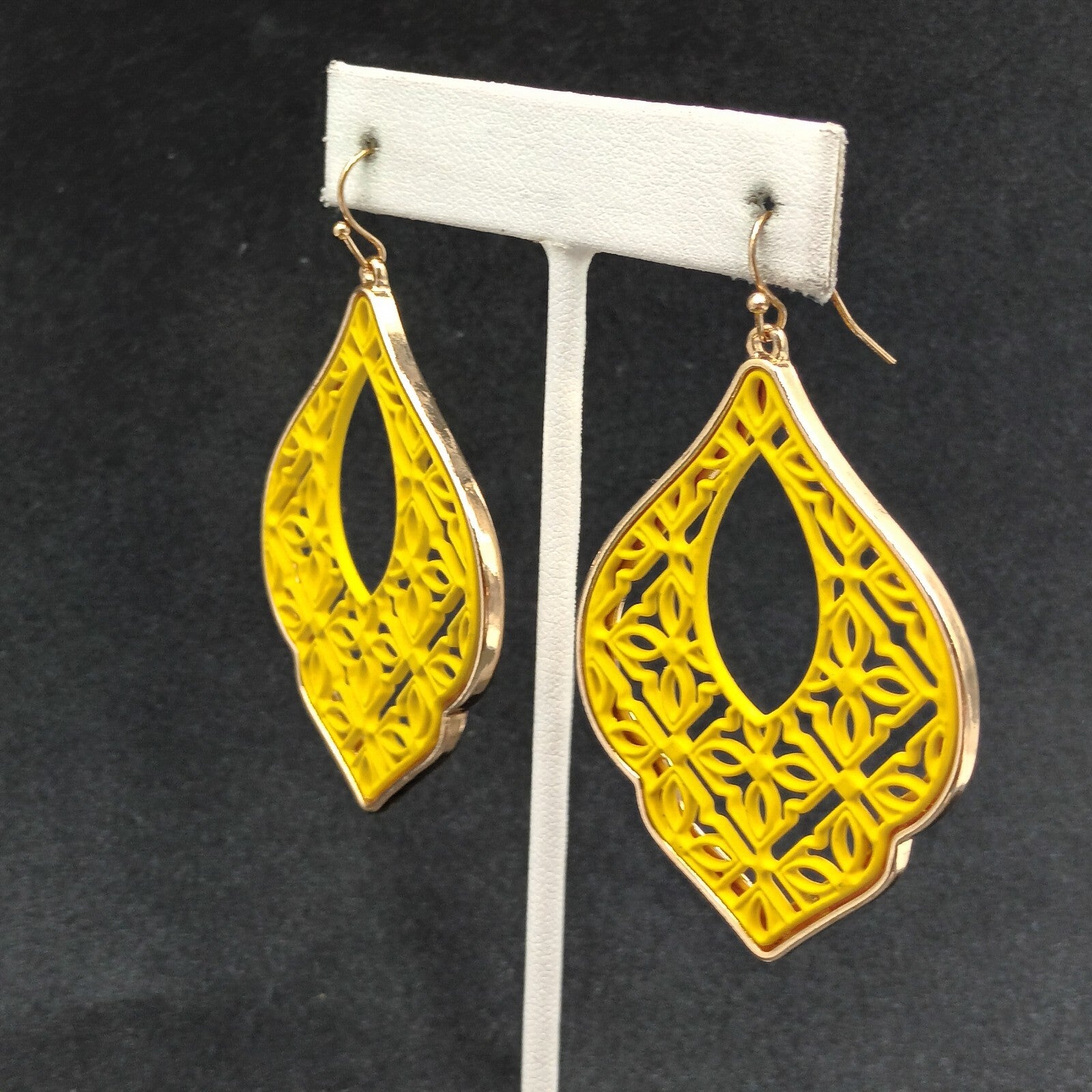Pierced Earrings Gold tone Yellow Open work Statement Dangle 2 3/8"