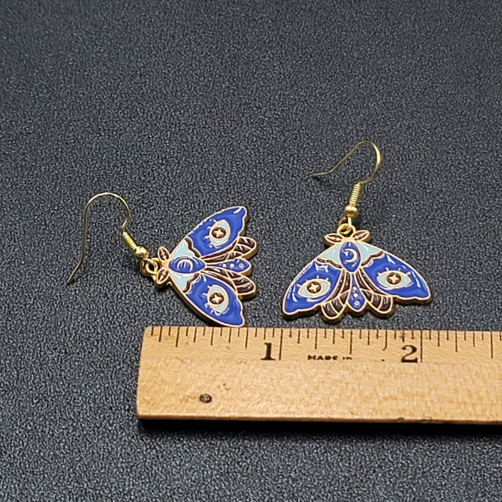 Evil Eye Moth Pierced Earrings Gold tone Blue Enamel Dangle 3/4"