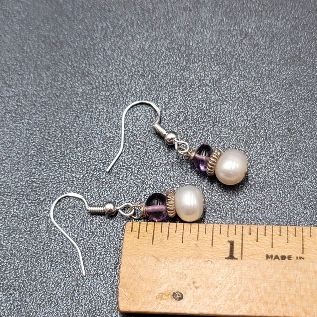 Sterling Silver Pierced Earrings Pearl Amethyst Bead Dangle 5/8"