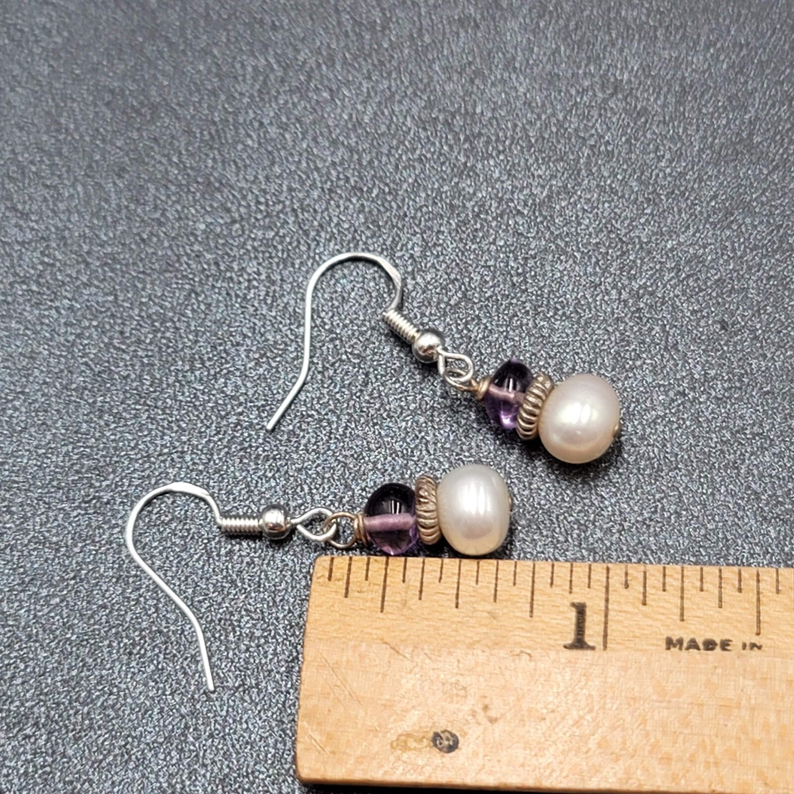 Sterling Silver Pierced Earrings Pearl Amethyst Bead Dangle 5/8"