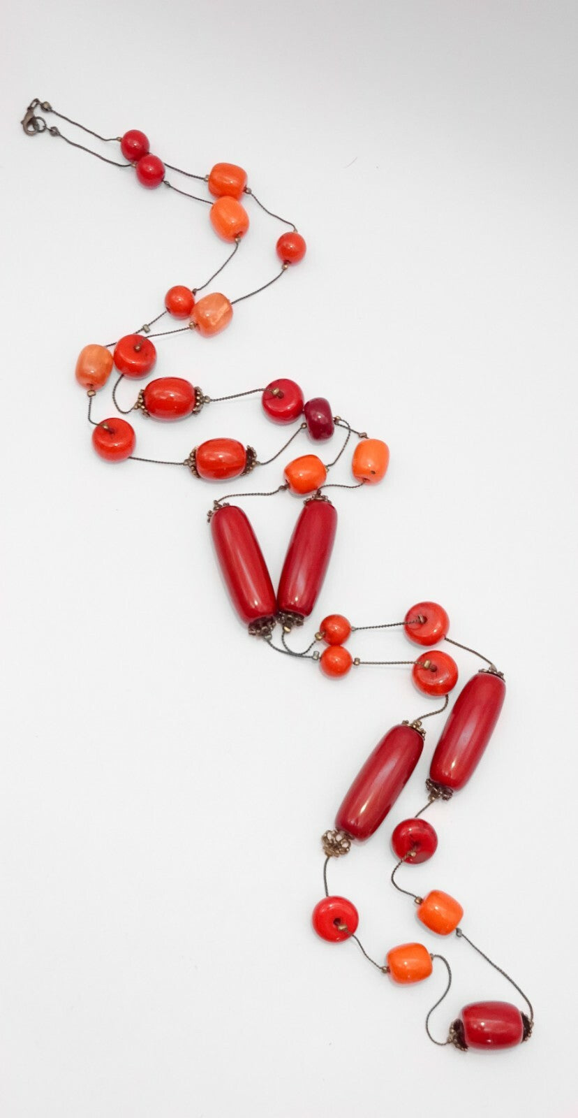 Extra Long Station Necklace Large Bead Single Strand Red Orange Acrylic 60"