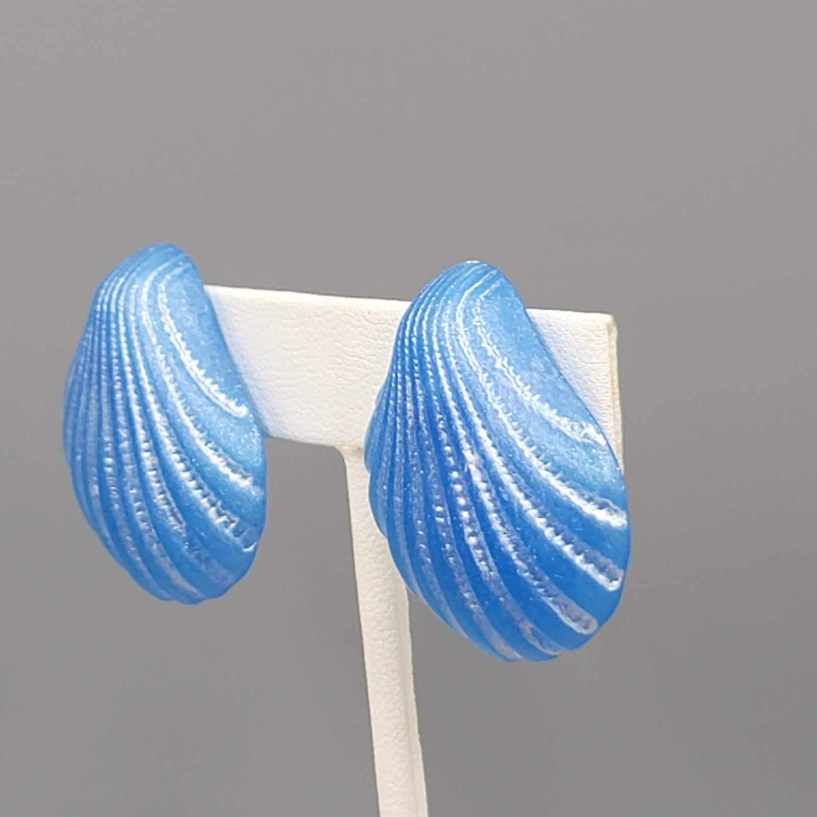 Vintage Blue Shell Clip on Earrings Acrylic Drop Statement Nautical 1 3/8"