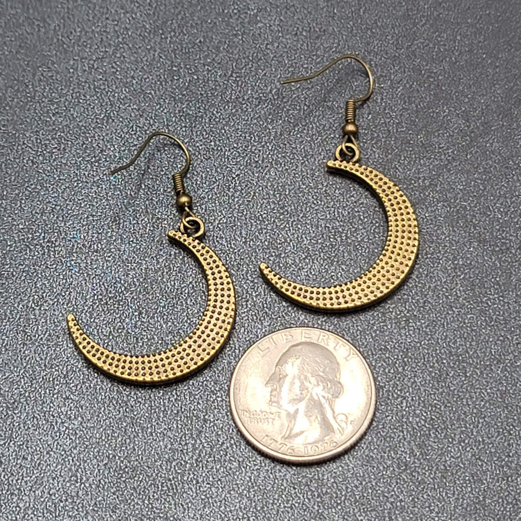 New Crescent Moon Pierced Earrings Embossed Pattern Bronze tone Dangle 1.25"