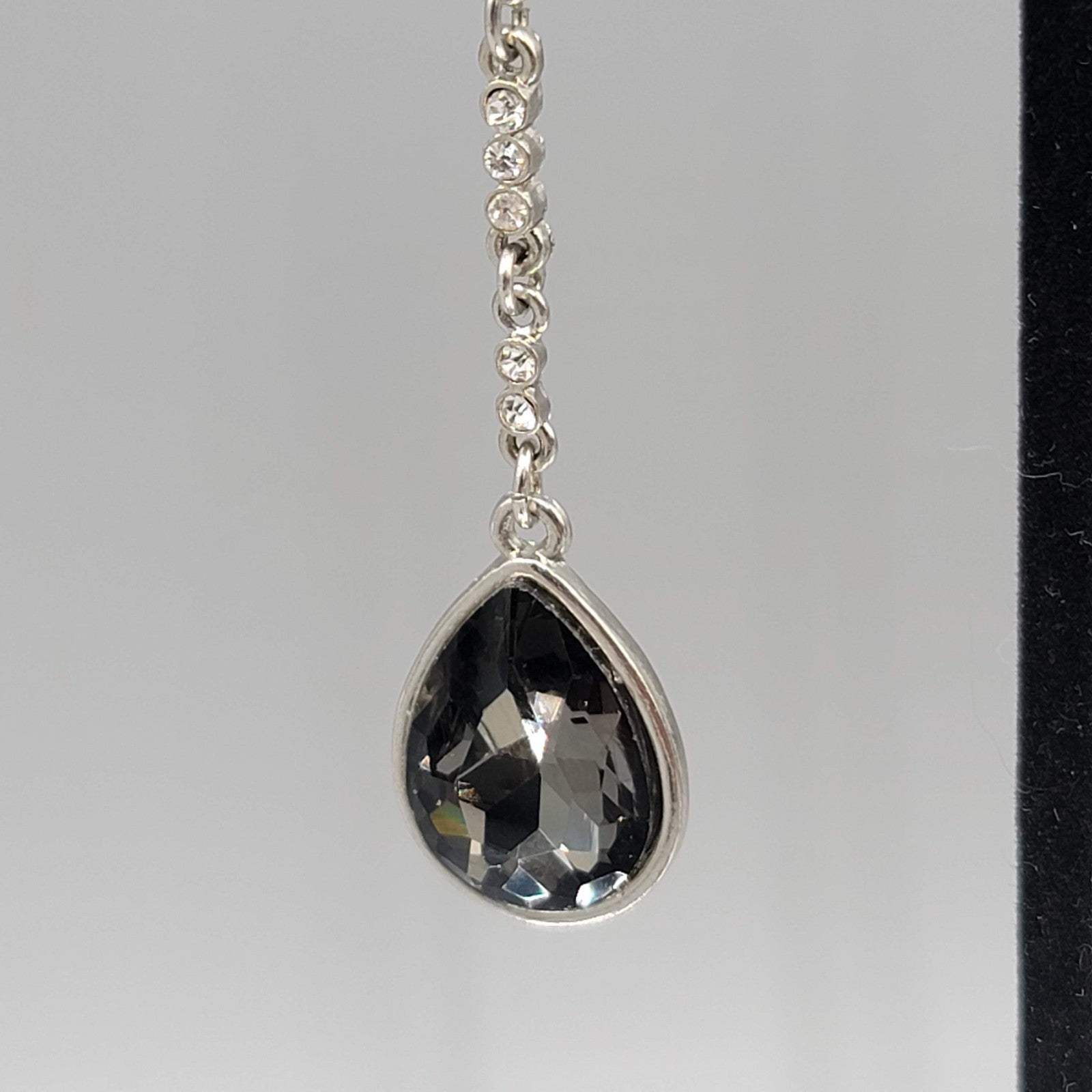 Long Pierced Earrings Smokey Teardrop Rhinestone Silver tone Dangle  3.5 in