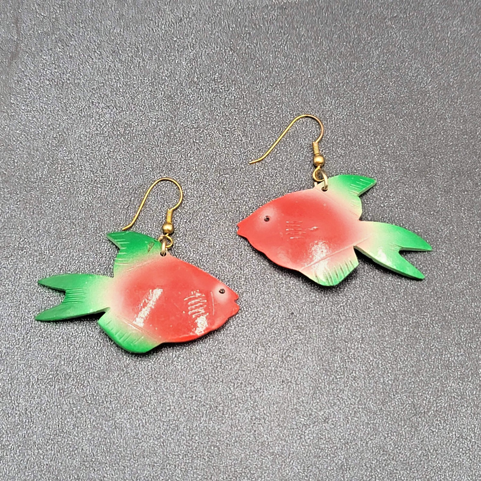 Vintage Pierced Earrings Coconut Shell Carved Fish Painted 2"