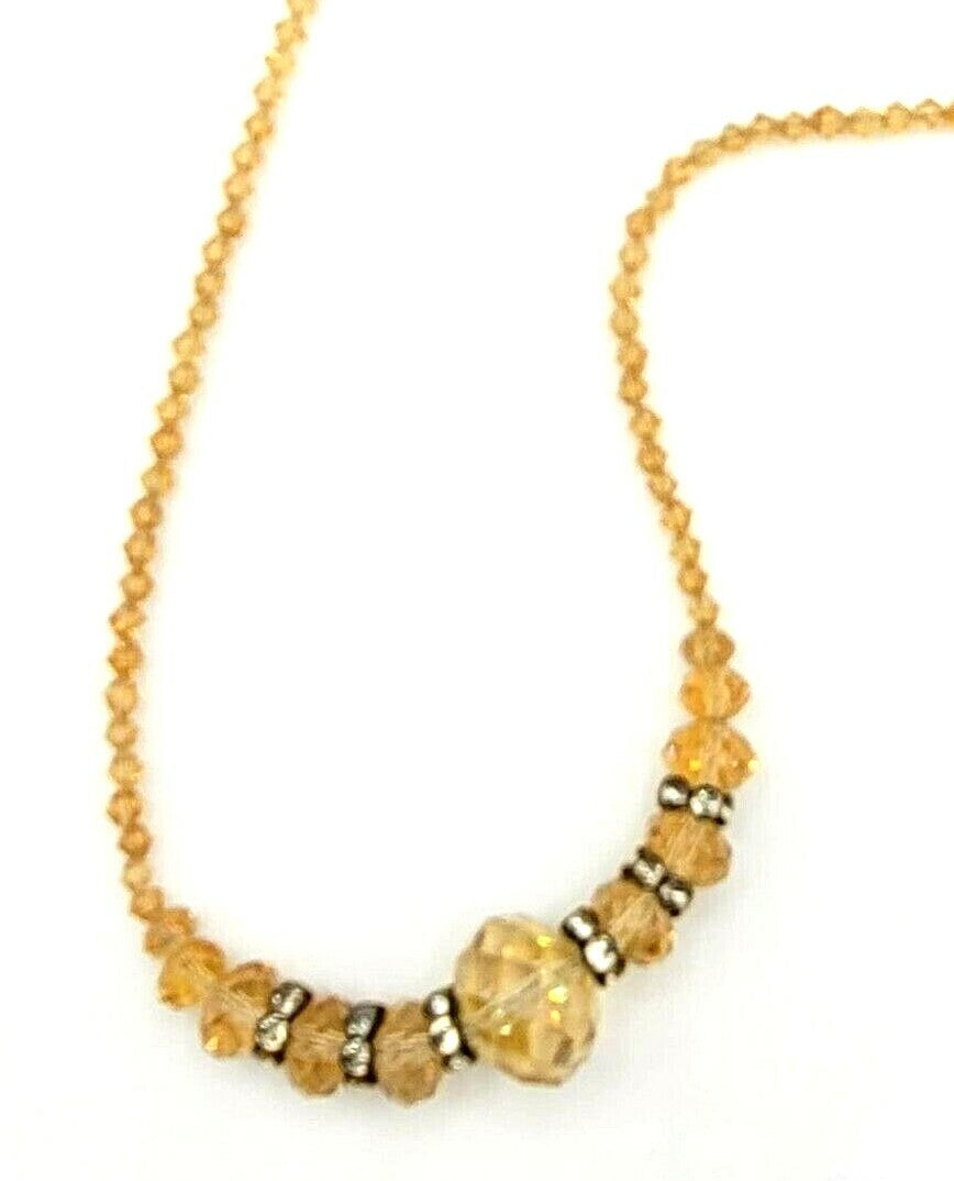 Yellow Crystal Necklace Single Strand Glass Bead Sparkly 19" Magnet Clasp