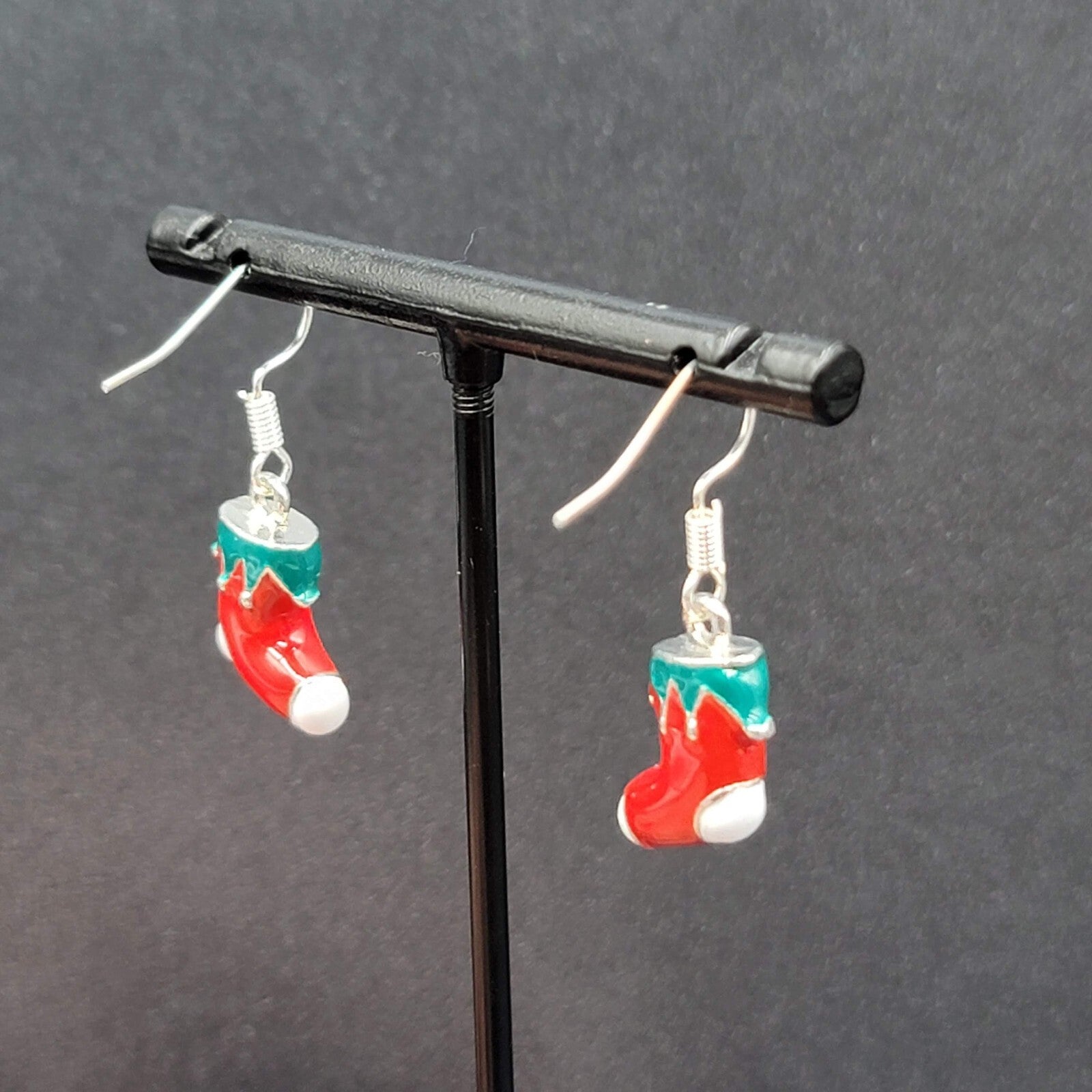 Christmas Pierced Earrings Silver tone Enamel Stockings Solid 5/8"