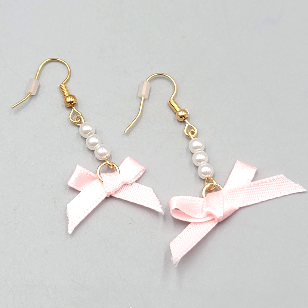 Pink Bow Faux Pearl Pierced Earrings Dangle Gold Tone Cute 1.25"