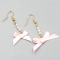 Pink Bow Faux Pearl Pierced Earrings Dangle Gold Tone Cute 1.25"