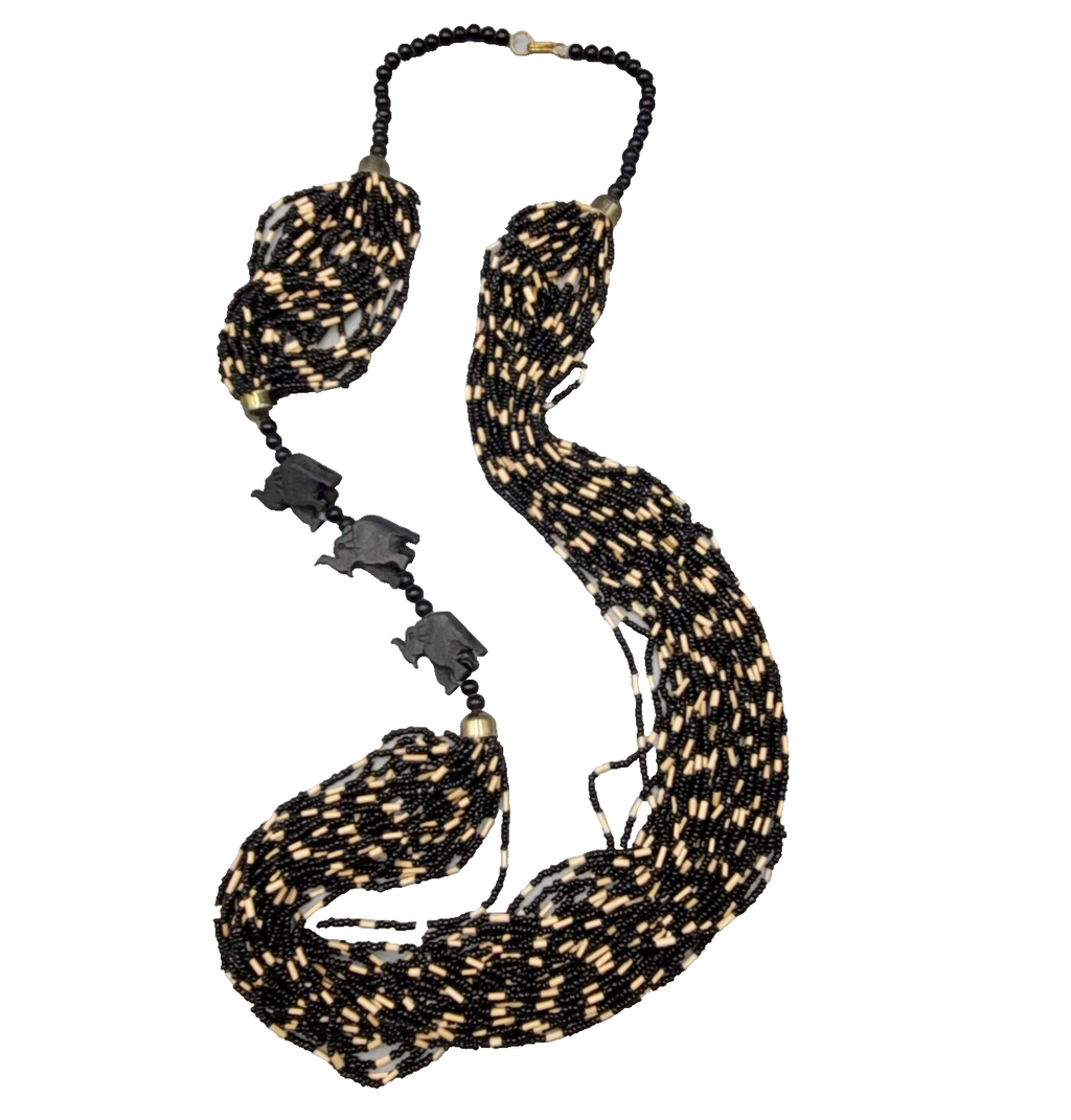 Large Statement Elephant Necklace Black Seed Bead Multi Strand 42"