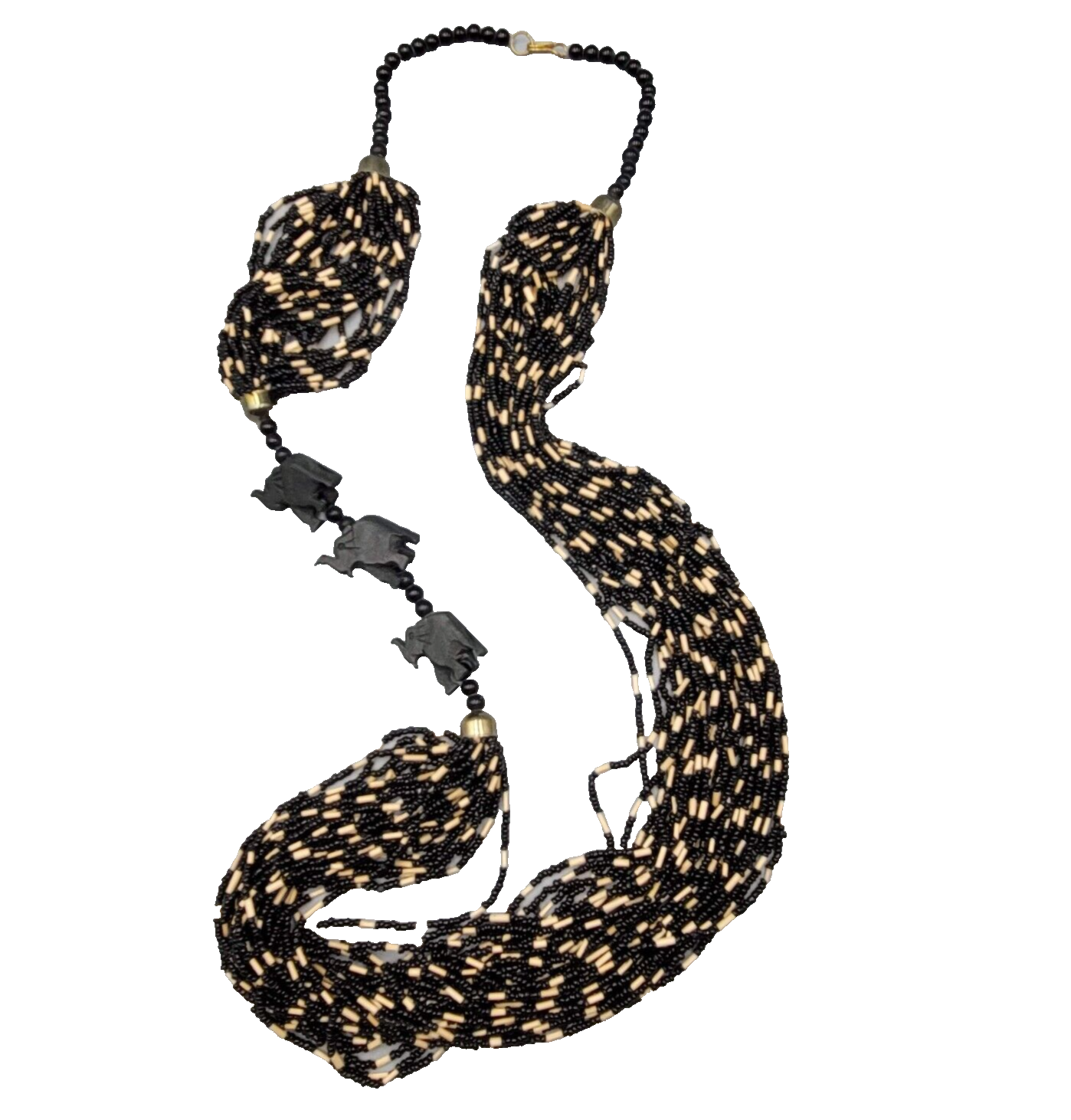Large Statement Elephant Necklace Black Seed Bead Multi Strand 42"