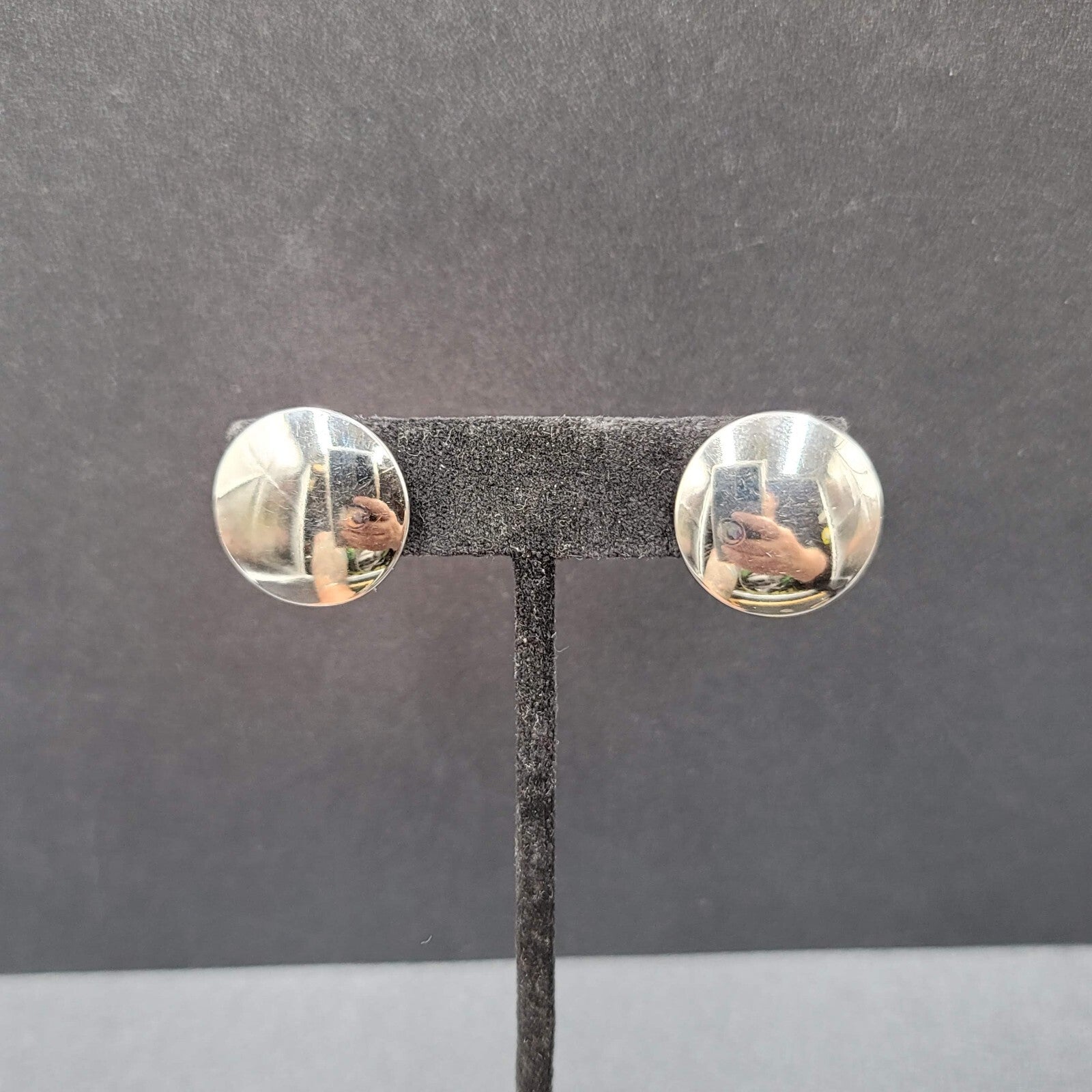 Vintage Clip on Earrings Silver tone Round Studs Mirror-like 7/8"