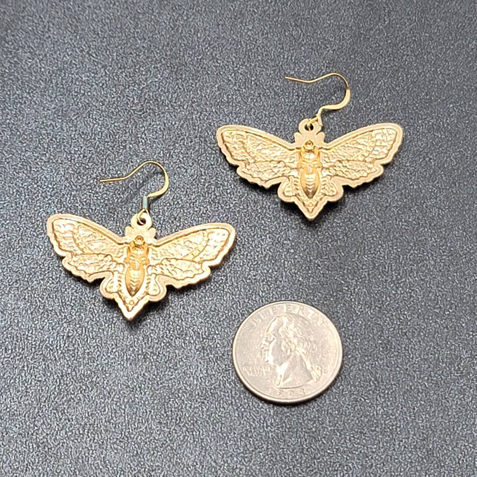 Death Head Moth Pierced Earrings Gold tone Dangle 1" x 1 5/8" 