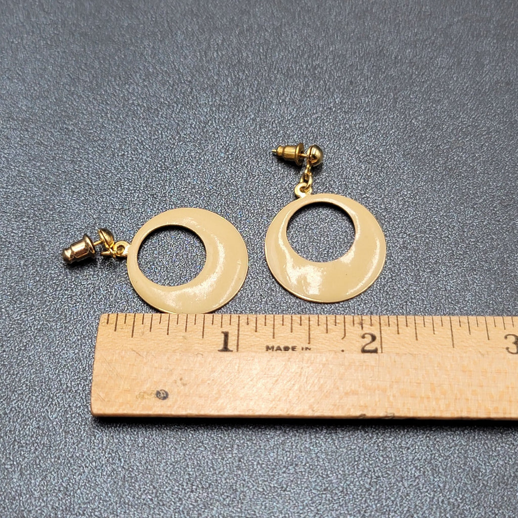 Vintage Pierced Earrings Gold tone Cream Enamel Dangle 1.25"