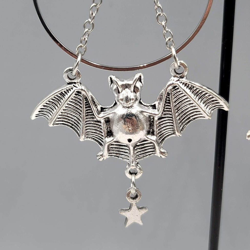Bat Star Moon Pierced Earrings Large Gothic Punk Silver tone Dangle NEW 3.5"