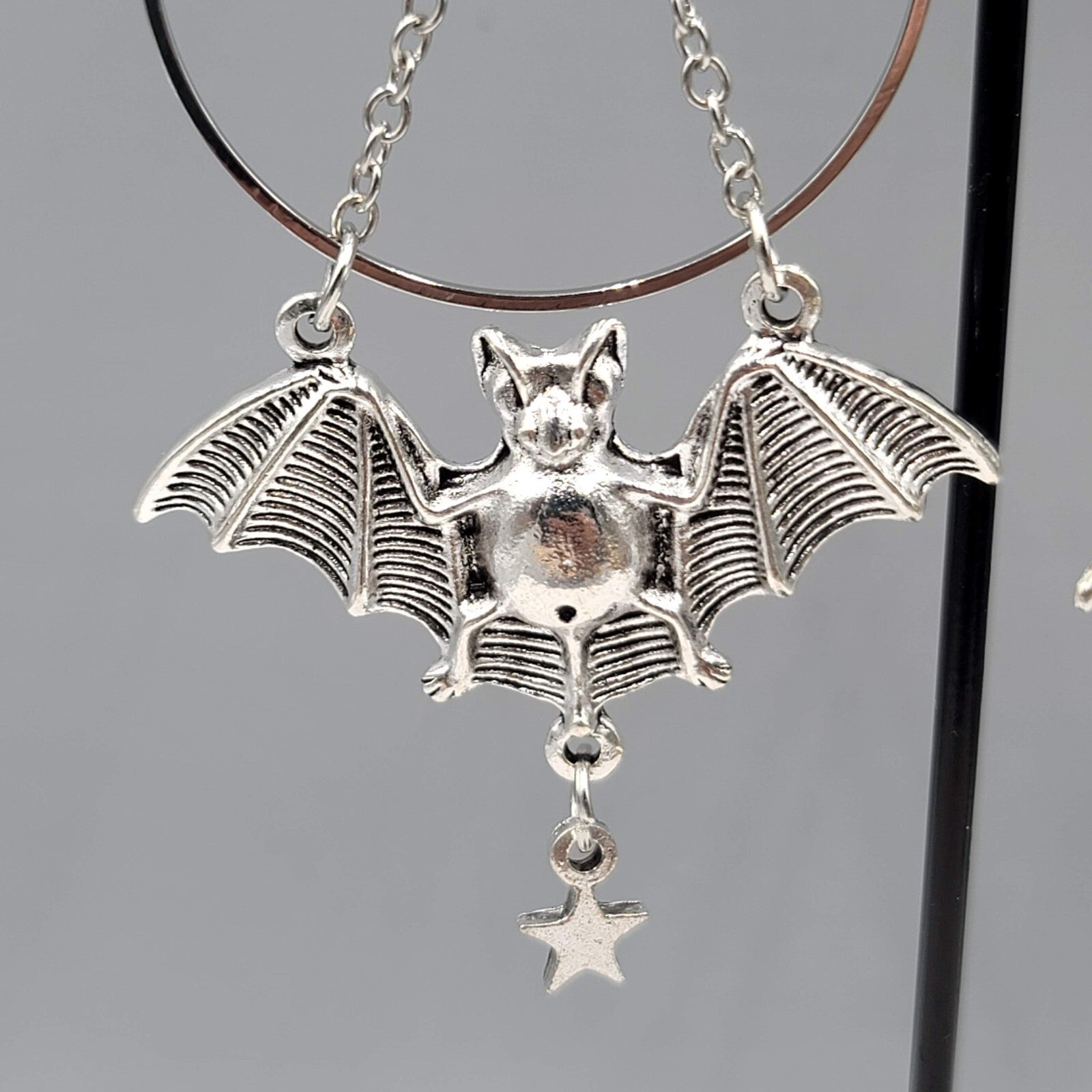Bat Star Moon Pierced Earrings Large Gothic Punk Silver tone Dangle NEW 3.5"