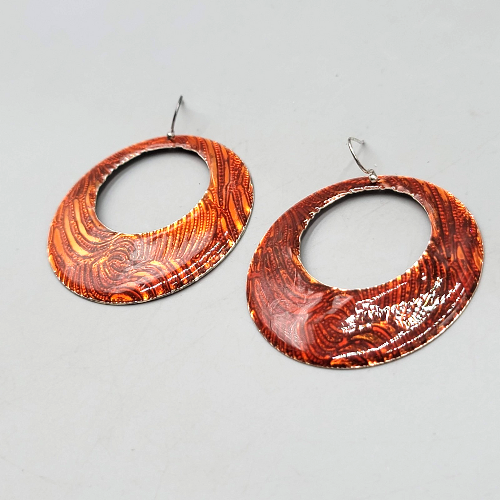 Large Statement Pierced Earrings Silver tone Dangle Orange-Red Enamel 2 in