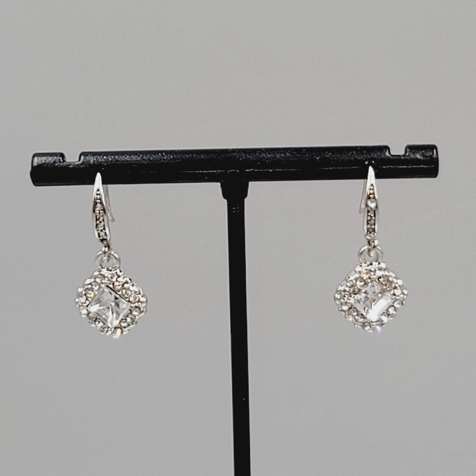 Pierced Earrings Silver tone Crystal Rhinestone Dangle  1/2"