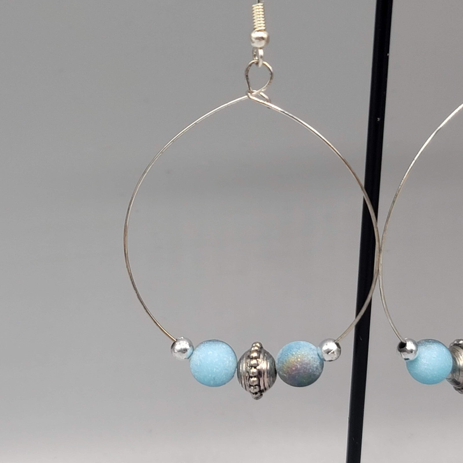 Pierced Earrings Silver tone Multicolor Blue Beads Hoops 2"