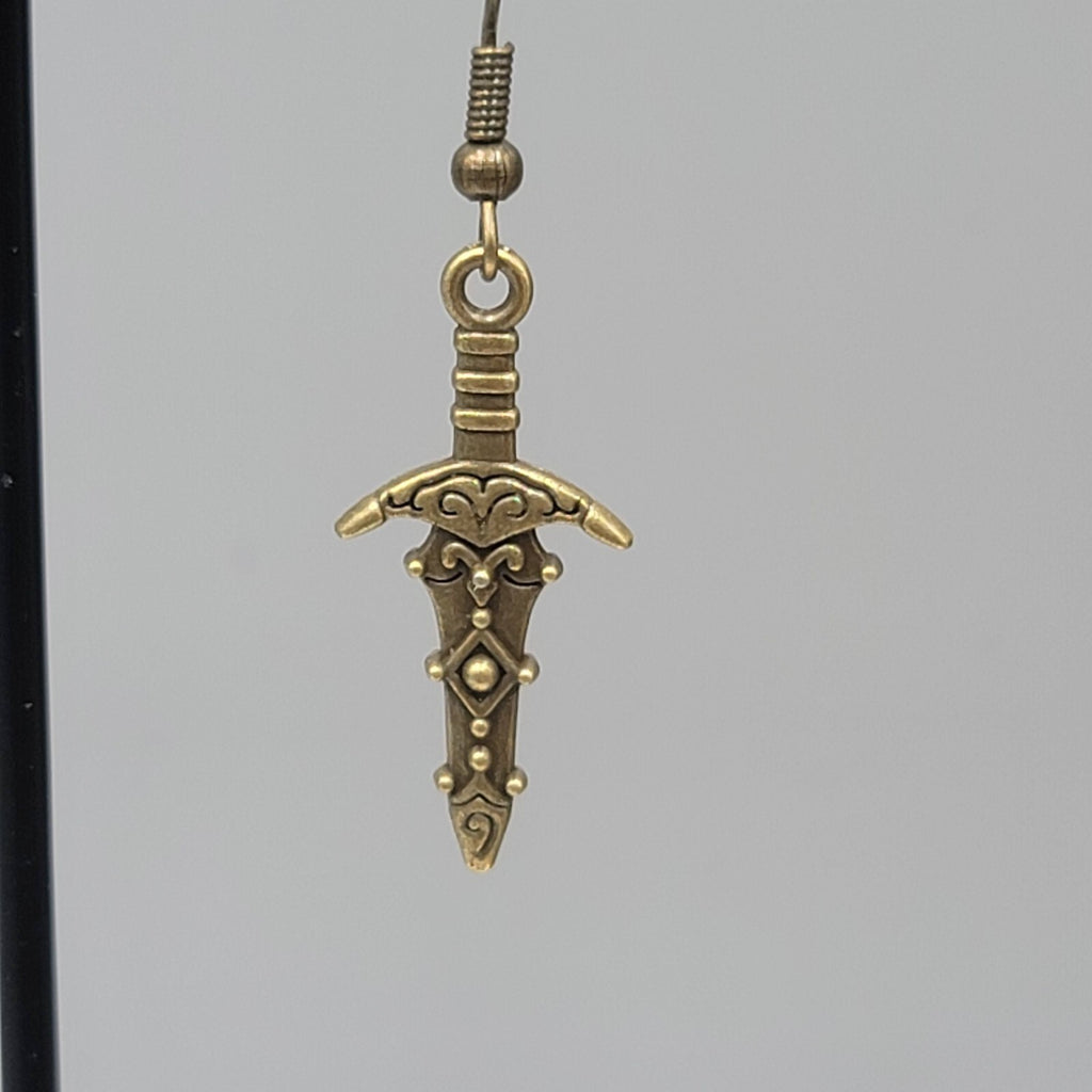 Fancy Embossed Dagger Pierced Earrings Bronze tone Dangle New 1"