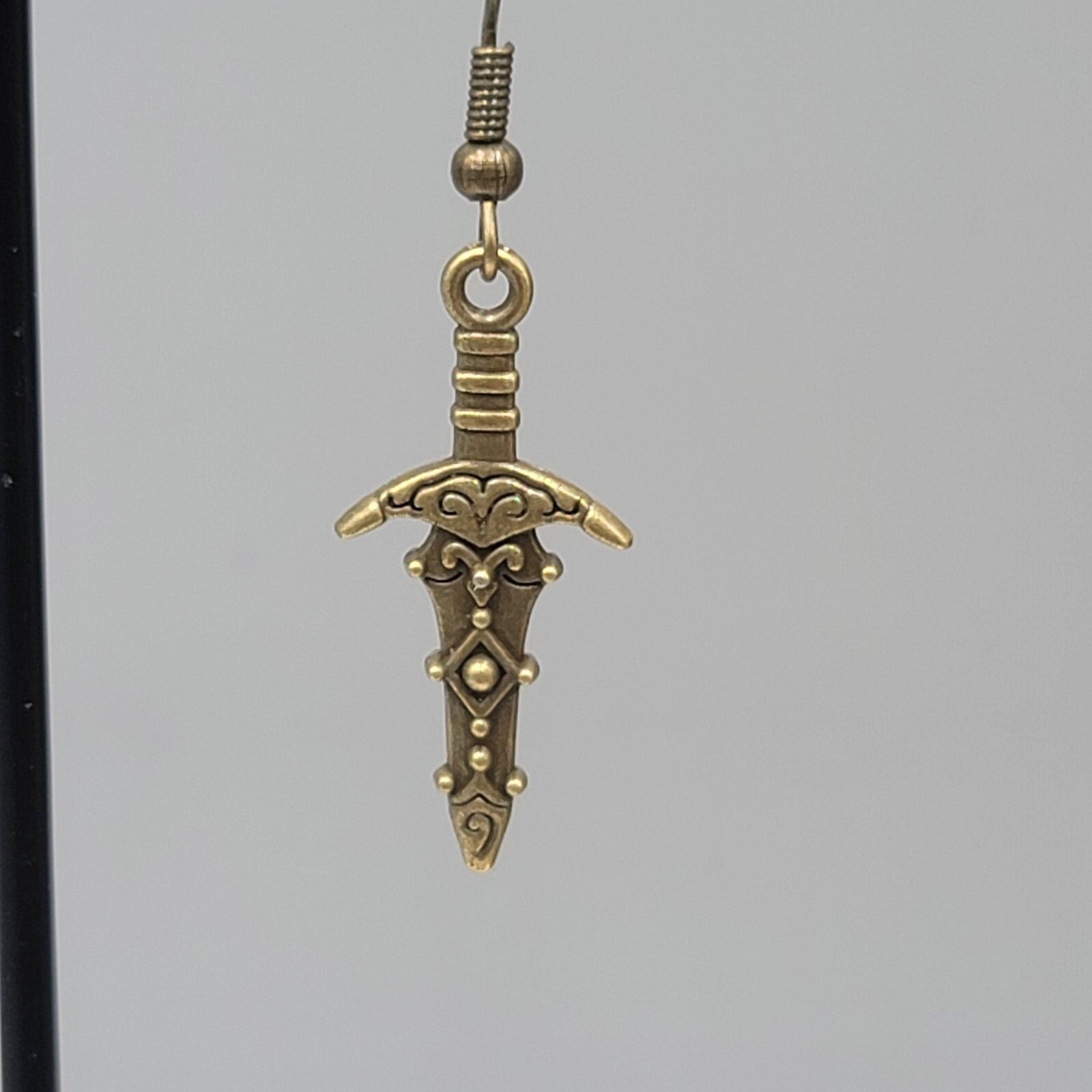 Fancy Embossed Dagger Pierced Earrings Bronze tone Dangle New 1"