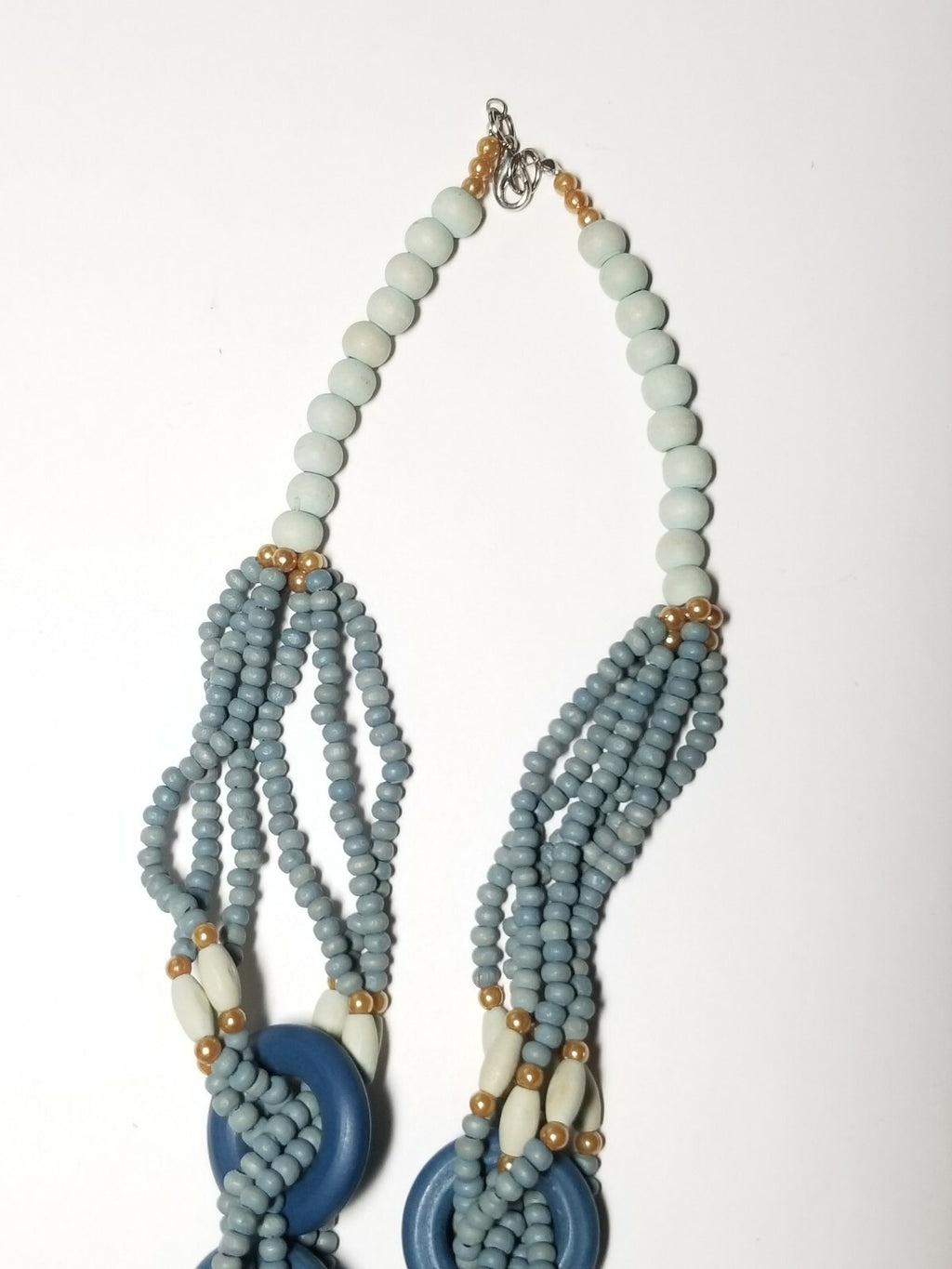 Vintage Blue Weaved Ringed Wooden Beaded Statement Necklace 26"