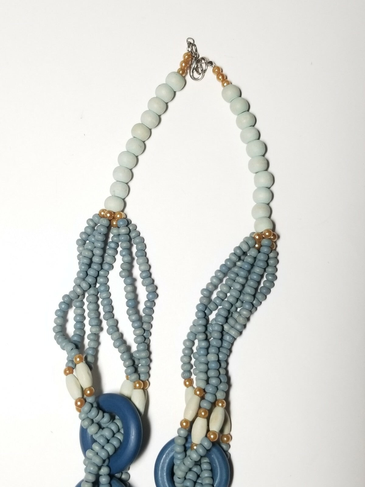 Vintage Blue Weaved Ringed Wooden Beaded Statement Necklace 26"