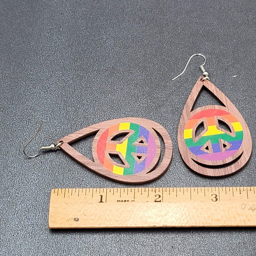 New PRIDE Peace Sign Pierced Earrings Rainbow Wood Teardrop Dangle 2.25"