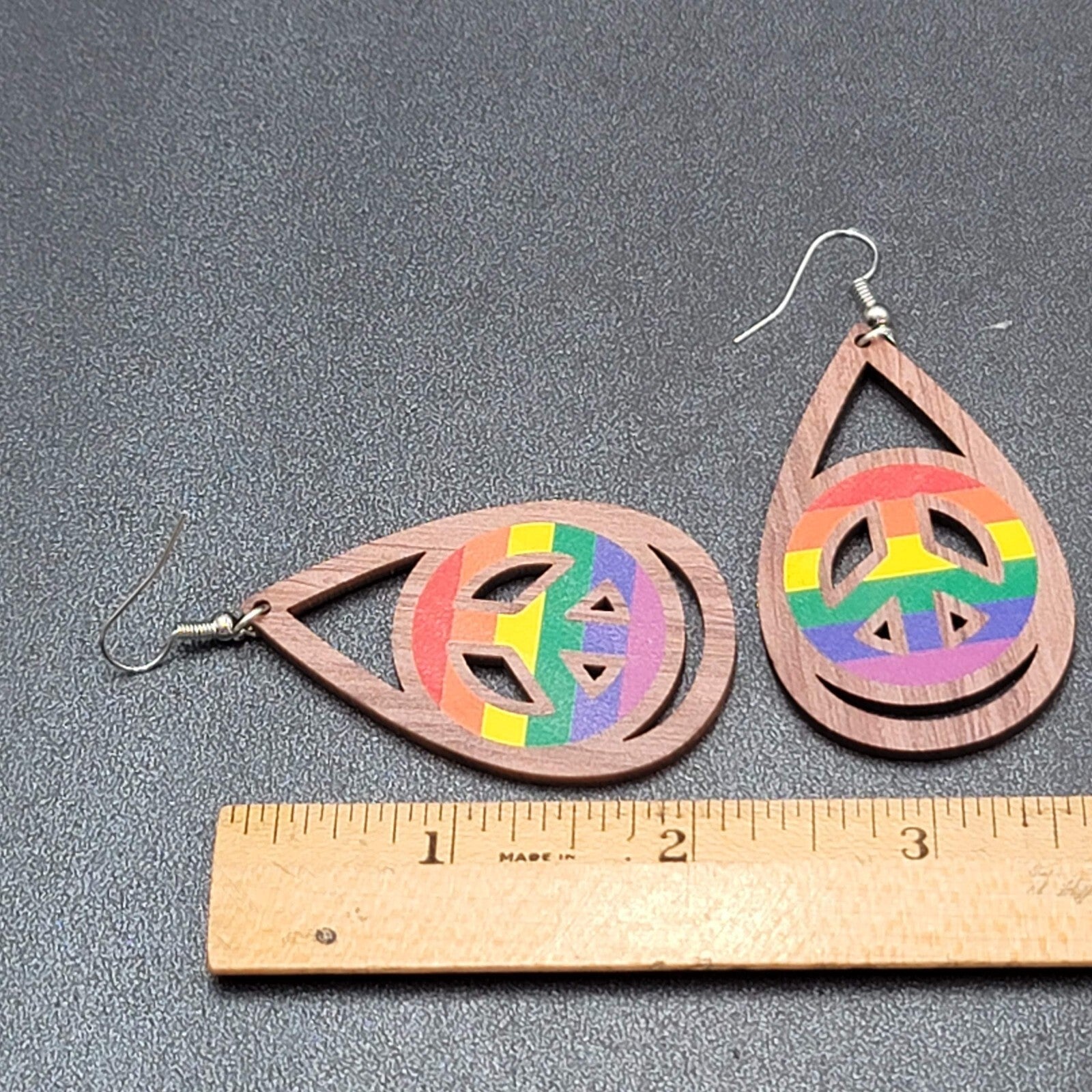 New PRIDE Peace Sign Pierced Earrings Rainbow Wood Teardrop Dangle 2.25"