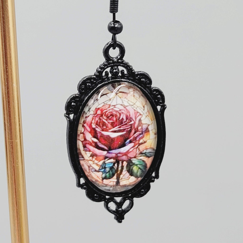 Glass Dome Pink Rose Pierced Earrings Oval Dangle Black Enamel 1 5/8"