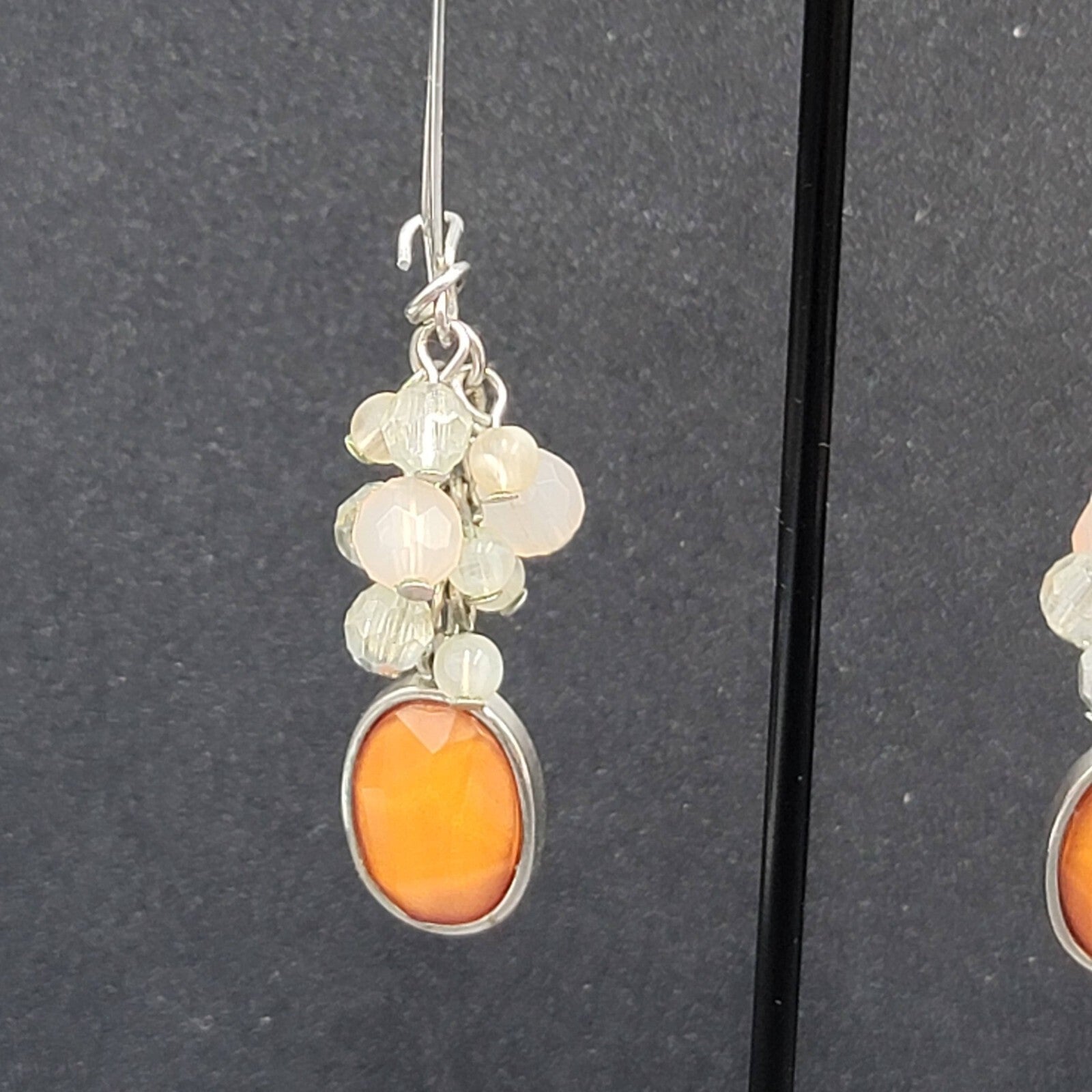 Pierced Earrings Silver tone Cluster Bead Orange Dangle 2.5"