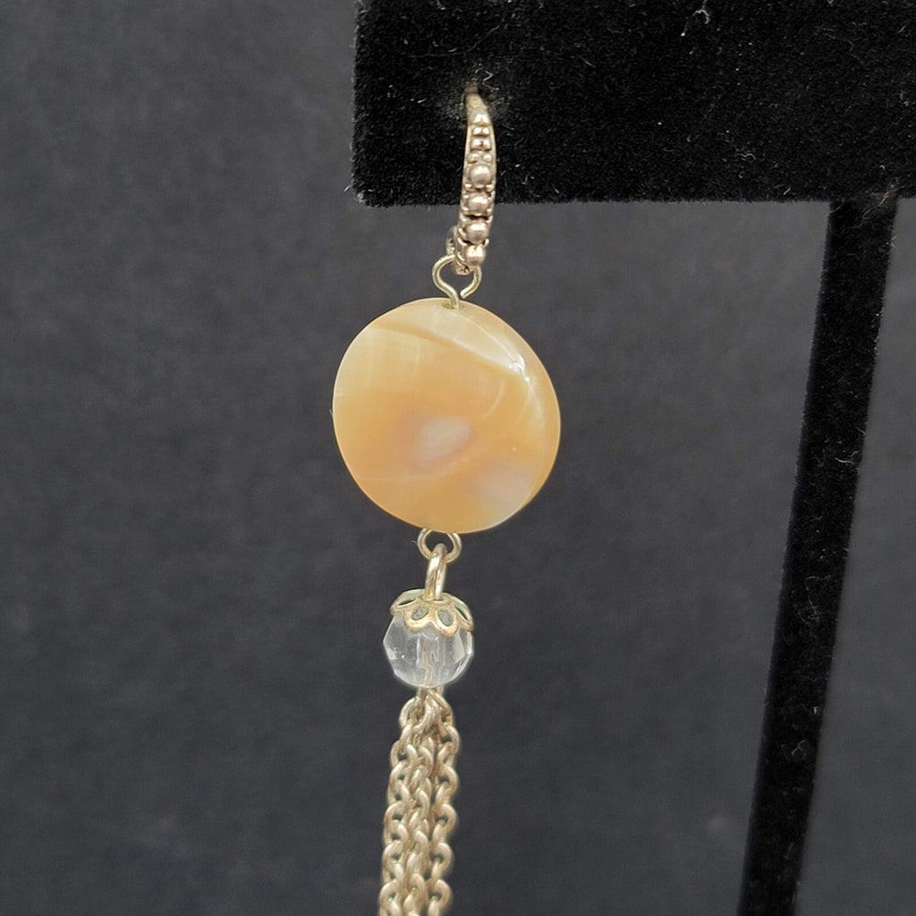 Pierced Earrings Silver tone Mother of Pearl Disc Dangle Chains 3.5"