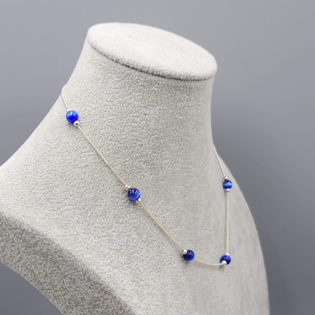Royal Blue Cats Eye Station Sterling Silver Necklace 925 - 16"