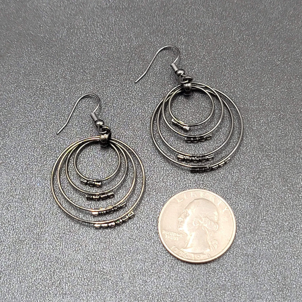 Pierced Earrings Black Metal Crystal Layered Hoops Dangle 1.75"