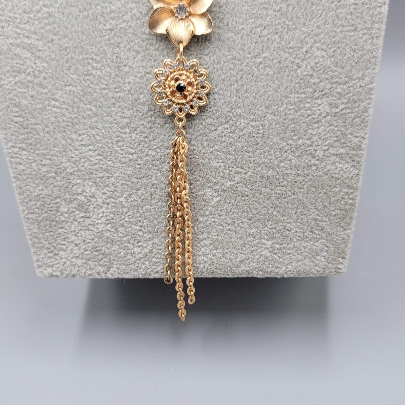 Flower Statement Bin Long Y Drop Necklace Crystal Rhinestone Gold tone LONG