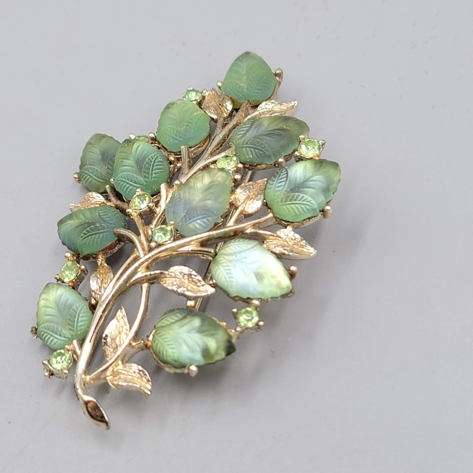Vintage Coro Brooch Green Molded Glass Leaf Rhinestone Gold tone 2.5"