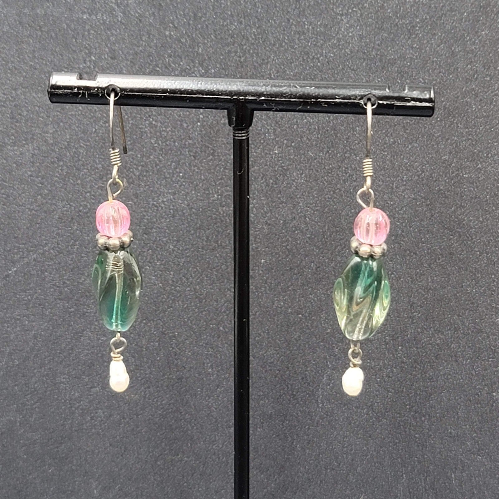 Art Glass Pearl Pierced Earrings Sterling Silver Beaded Dangle 1.25"