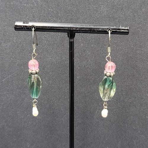 Art Glass Pearl Pierced Earrings Sterling Silver Beaded Dangle 1.25"