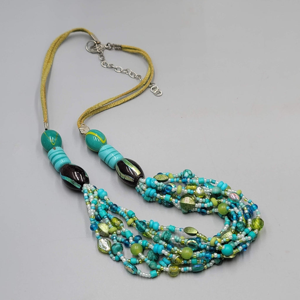 Green Blue Glass Bead Necklace Layered Statement 22"