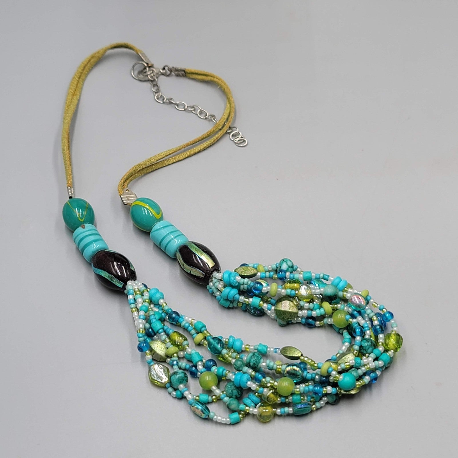 Green Blue Glass Bead Necklace Layered Statement 22"