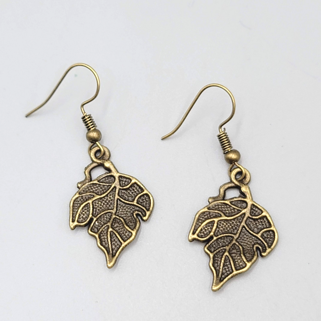 Autumn Leaf Embossed Pierced Earrings Bronze tone Dangle 1"