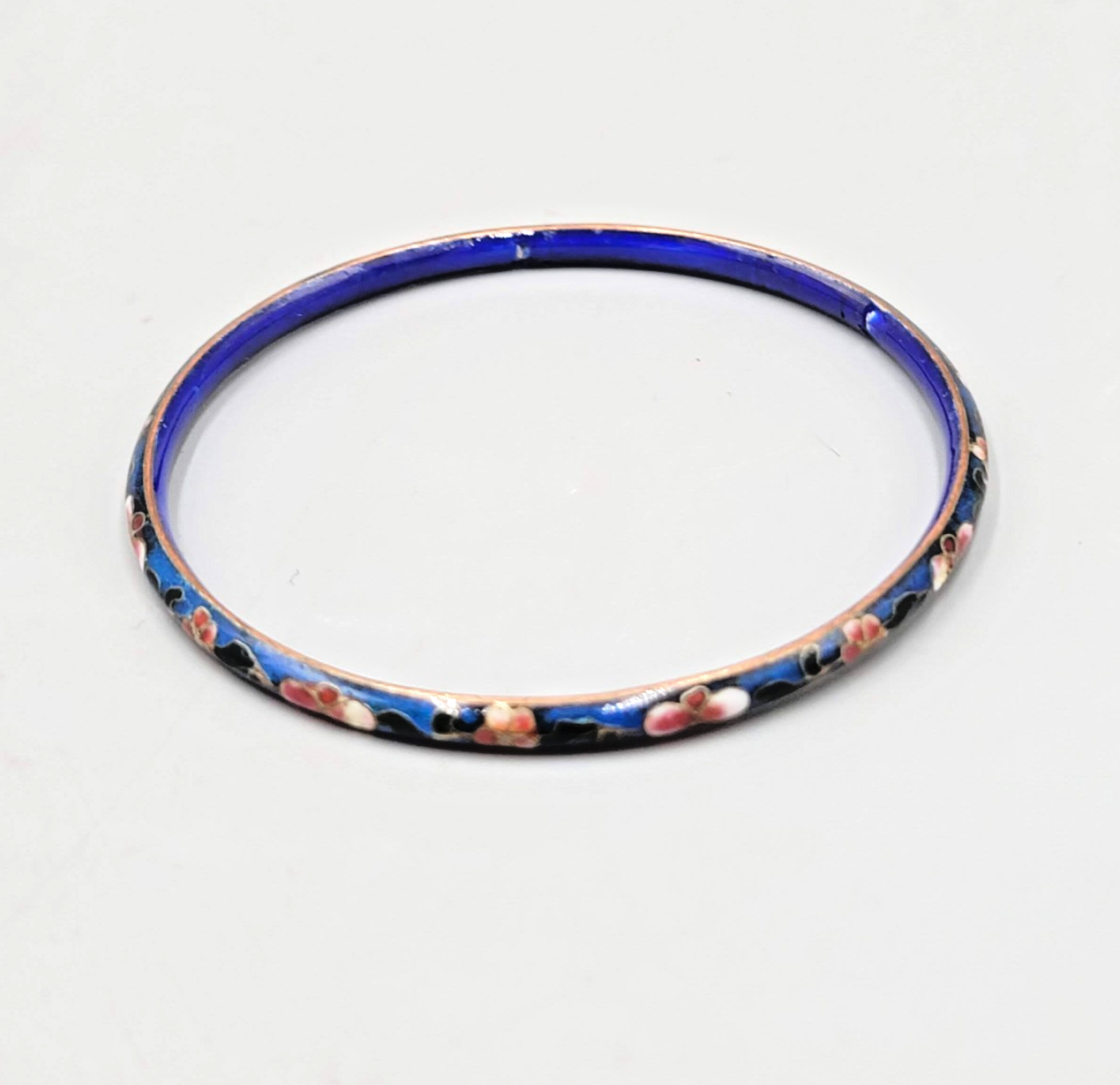 Vintage Cloisonne Bangle Bracelet Blue Enamel Flowers 8.25 in