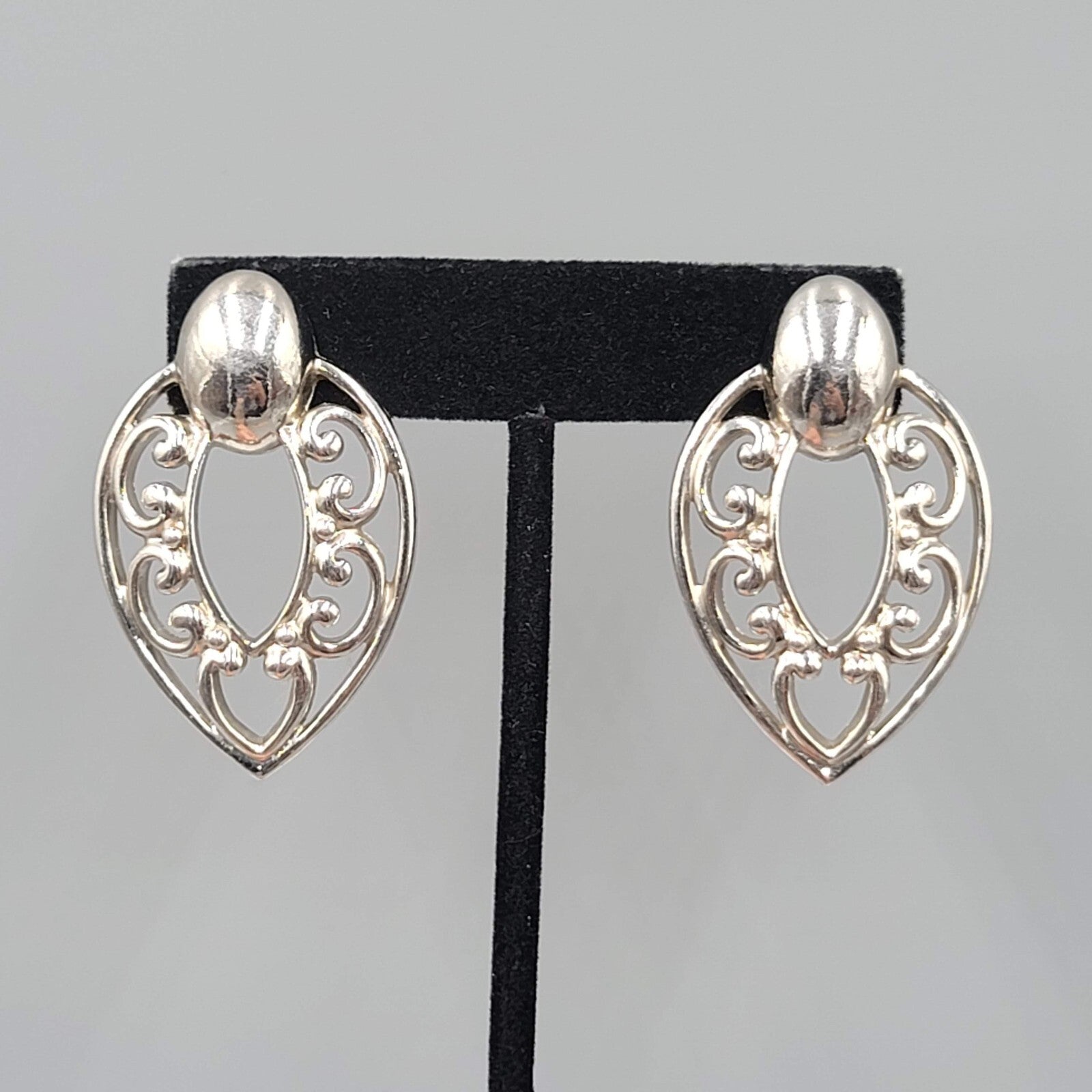 Vintage Pierced Earrings Silver tone Filigree Door Knocker Style Statement 1.75"