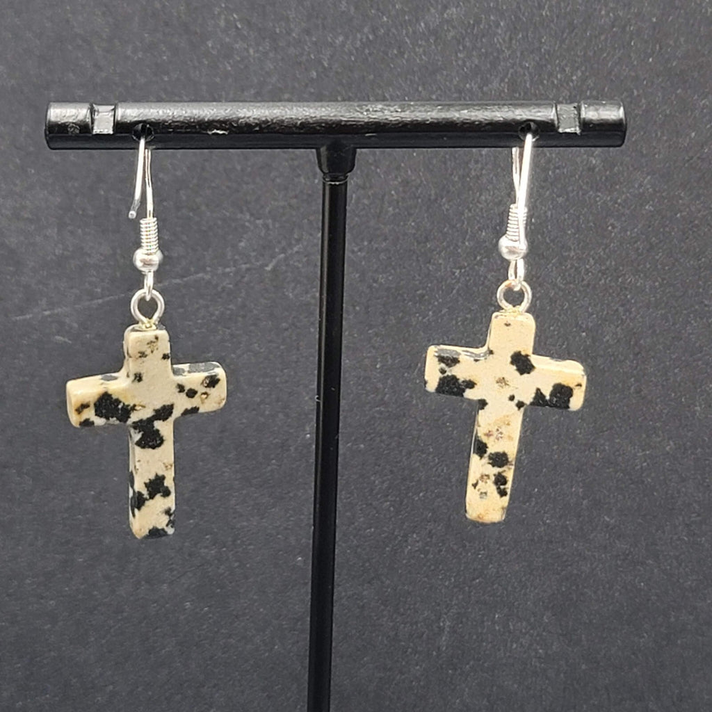 Sterling Silver Cross Pierced Earrings 925 Jasper Stone 1"