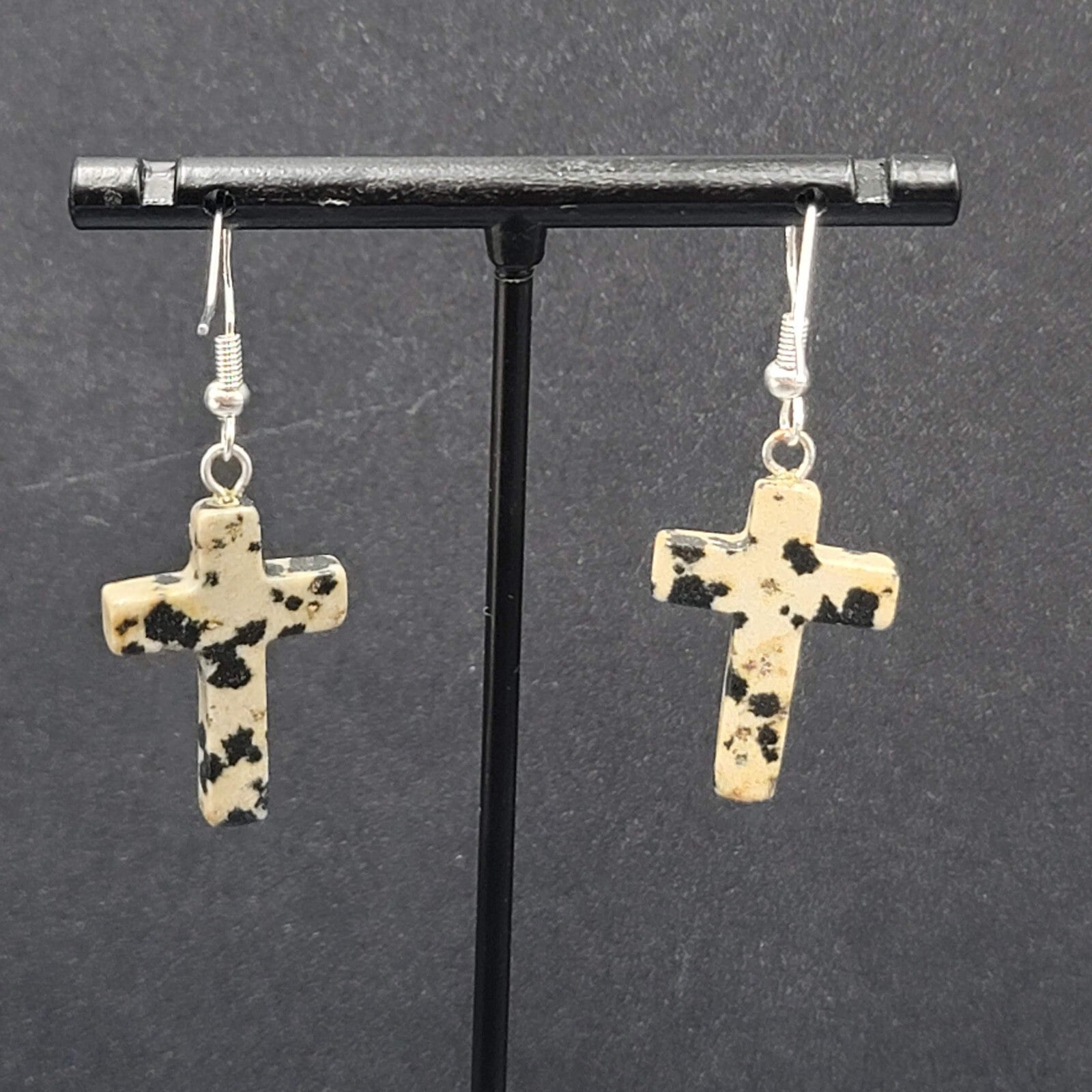 Sterling Silver Cross Pierced Earrings 925 Jasper Stone 1"