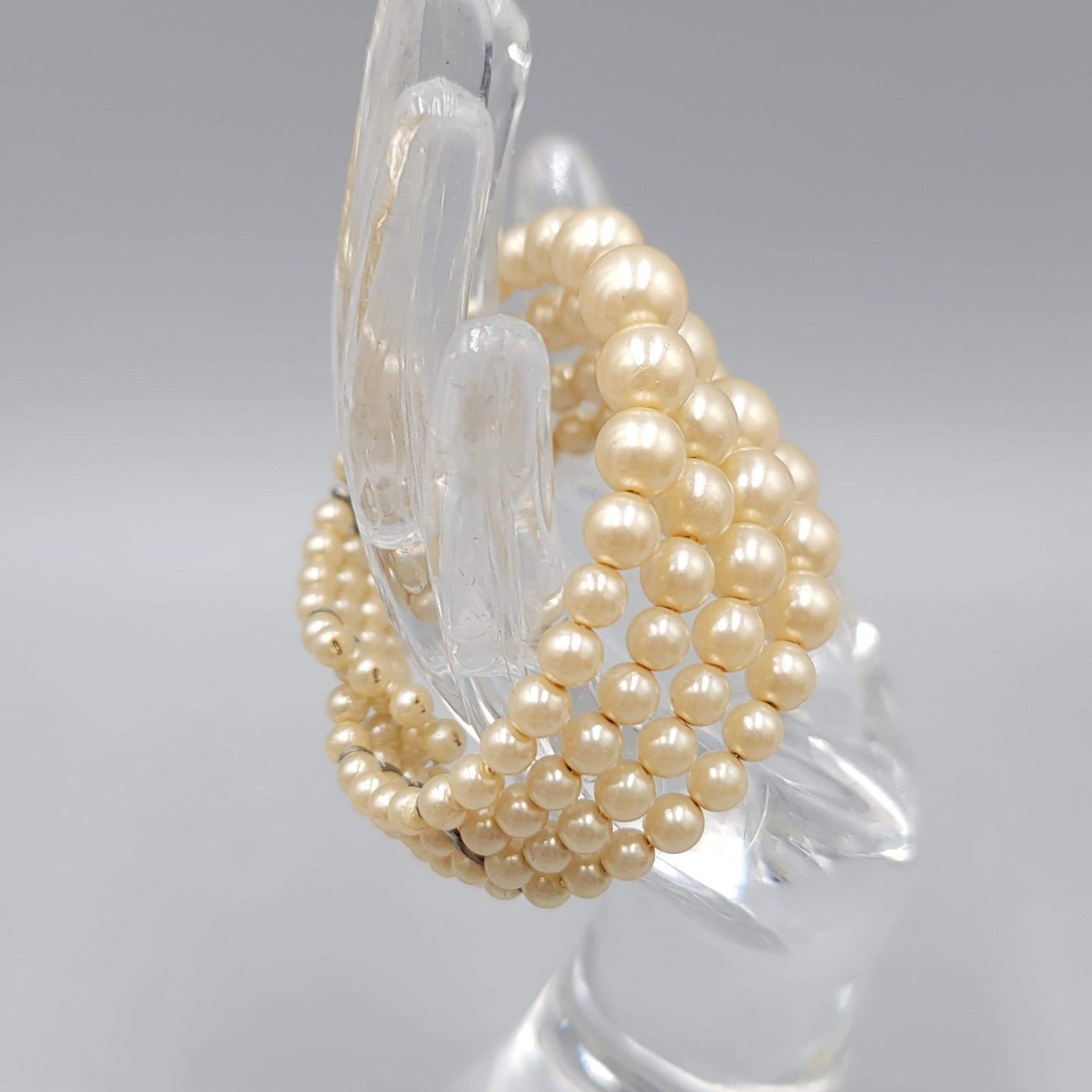 Vintage Memory Wire White Bead Bracelet Cuff 6 in