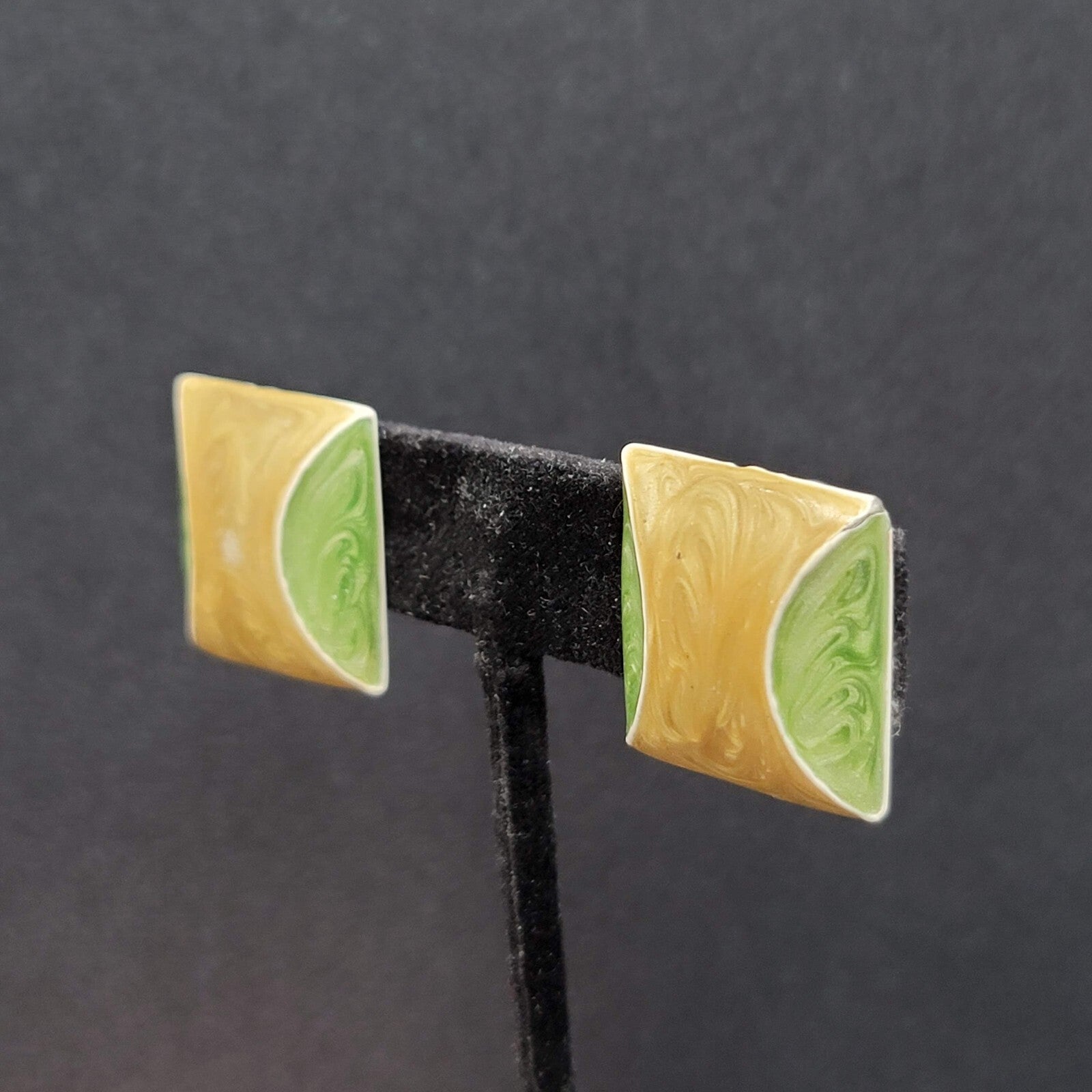 Vintage Clip on Earrings Green Yellow White Enamel Squares 7/8"
